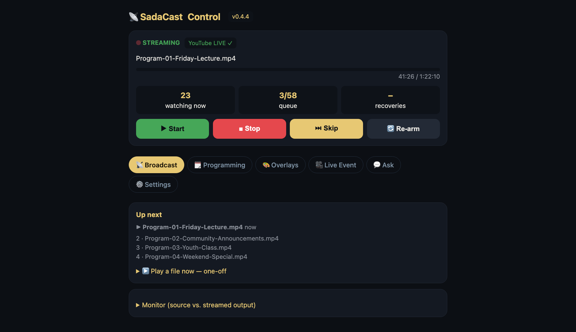 SadaCast broadcast tab: live status, queue and controls