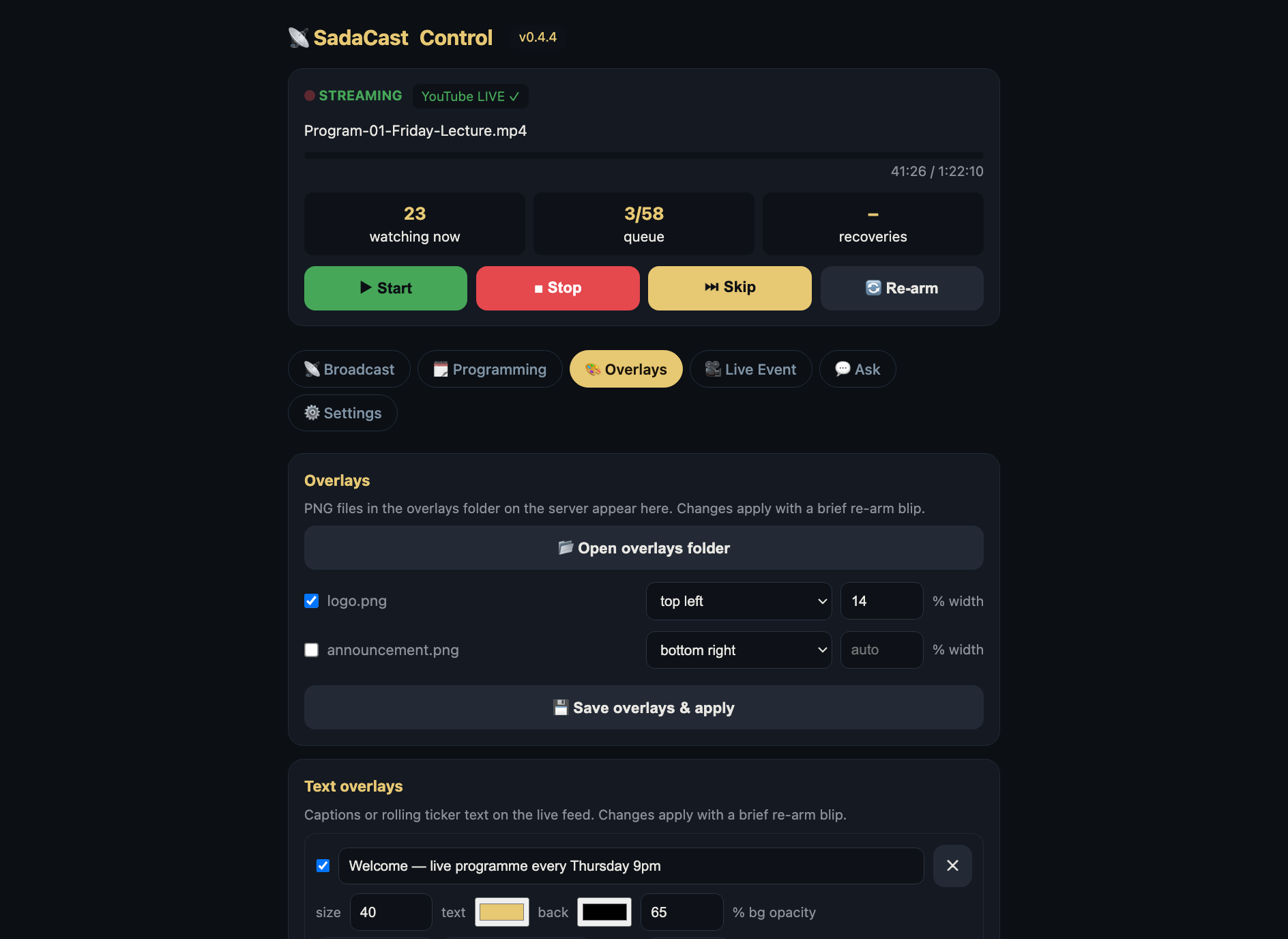 SadaCast overlays tab: logo and ticker settings