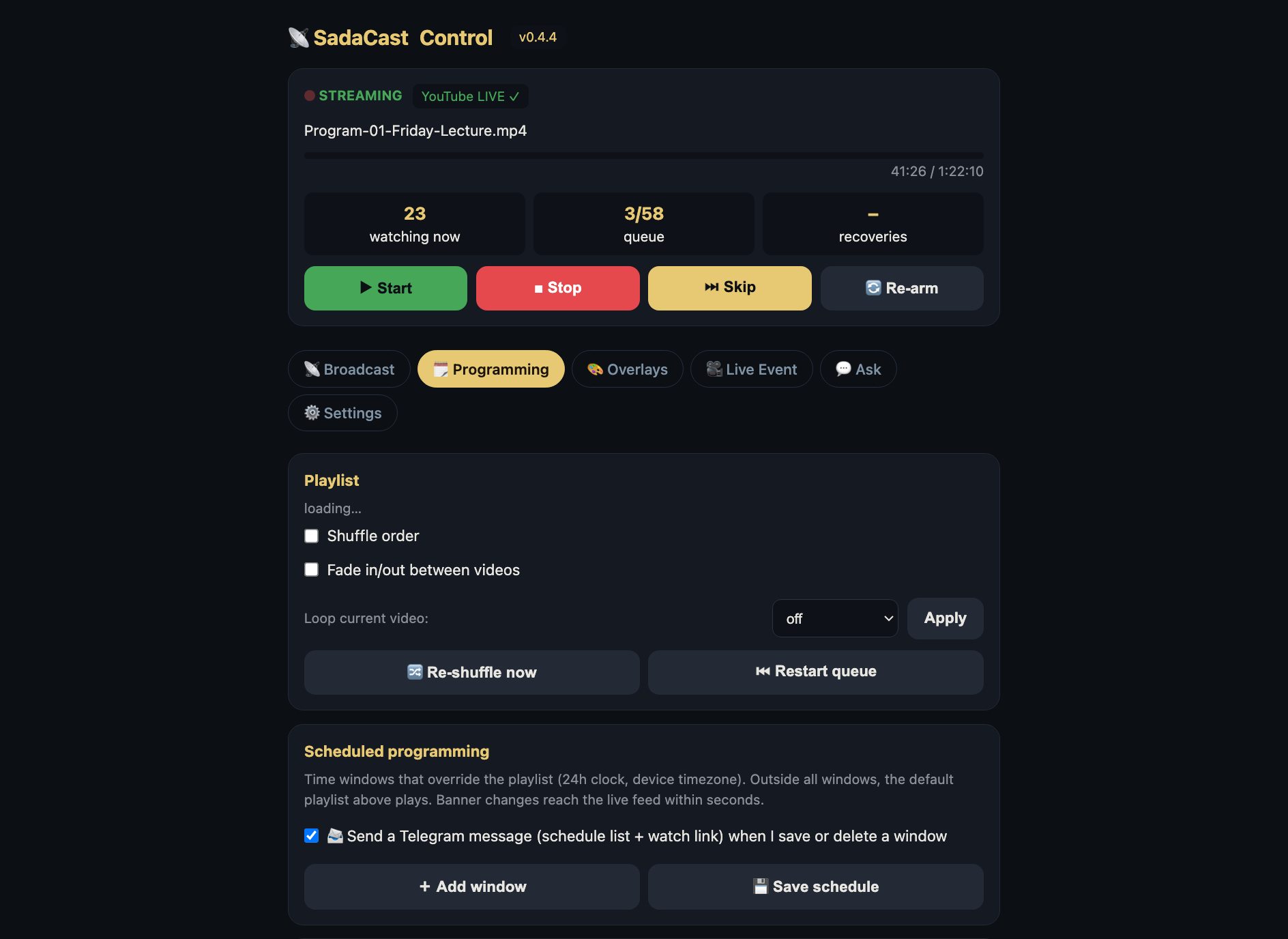 SadaCast programming tab: playlist, schedule and breaks